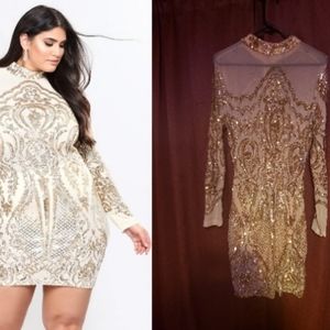 Calcy Gold Sequin Mesh Dress by FashionNova